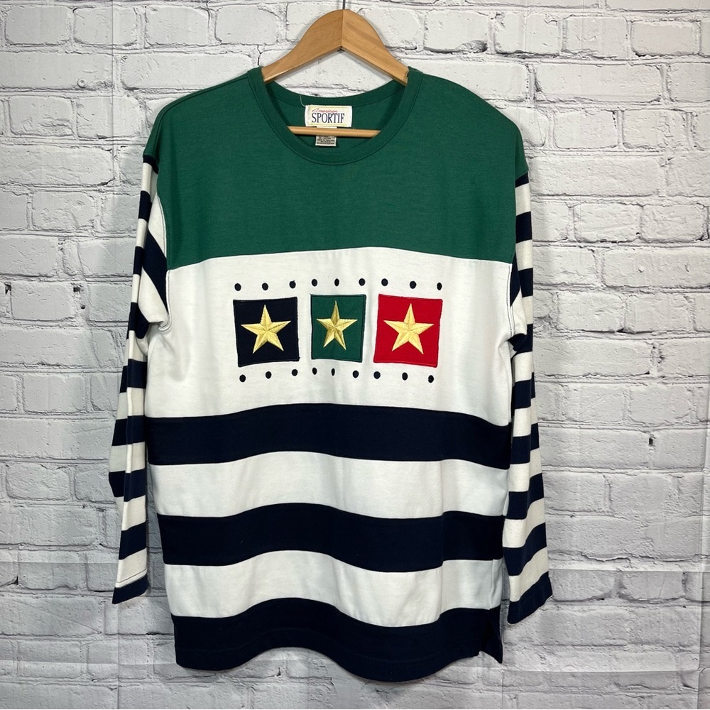 Vintage American Sportif Pullover Shirt Women's Size Medium Striped Embroidered